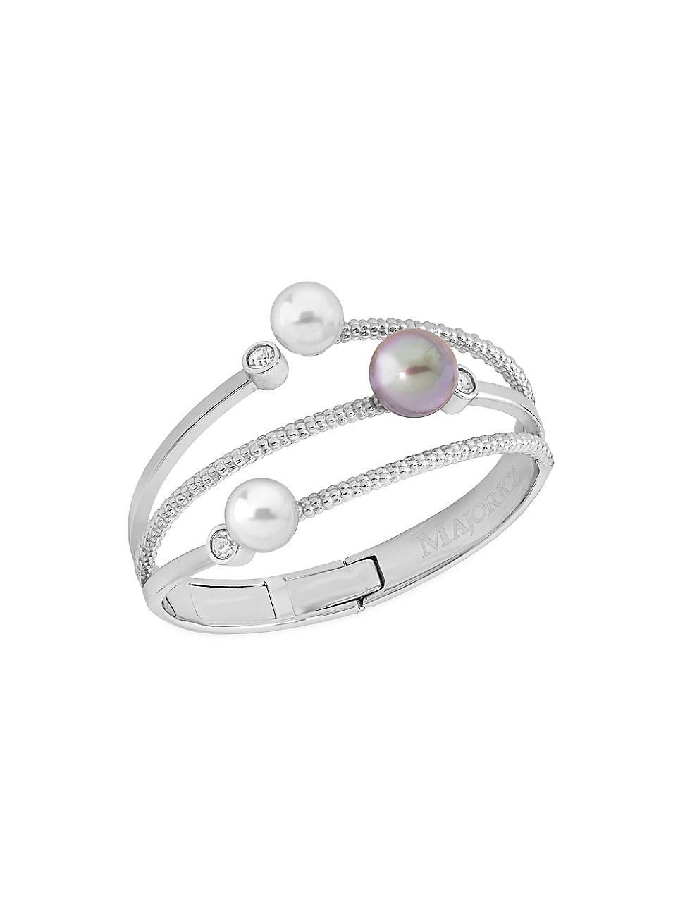 Womens Planet Rhodium-Plated Silver, Cubic Zirconia, White & Gray Pearl Bangle Product Image