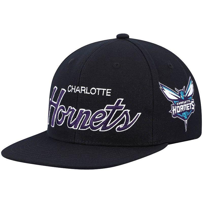 Mens Mitchell & Ness Black Charlotte Hornets Hardwood Classics Script 2.0 Snapback Hat Product Image