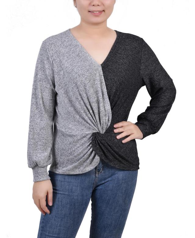 NY Collection Missy Long Sleeve Twist Front Colorblocked Top Product Image