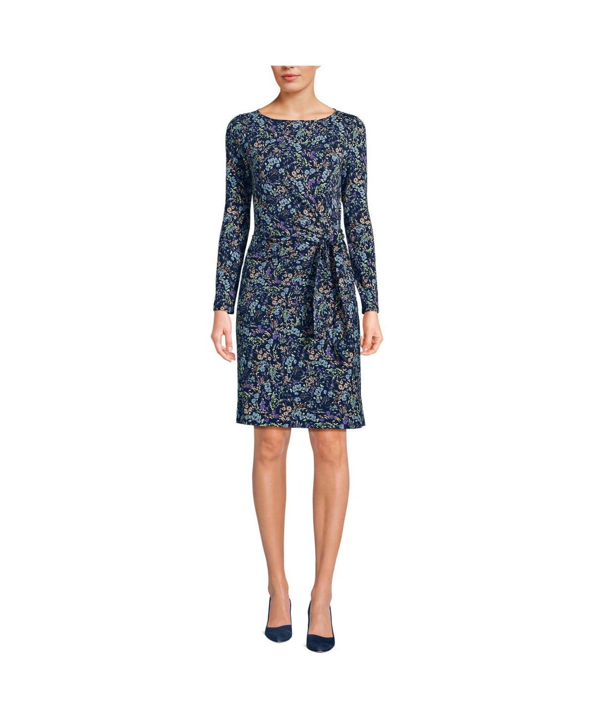 Womens Lands End Long Sleeve Boatneck Tie-Waist Mini Dress Deep Blue Wildflower Product Image