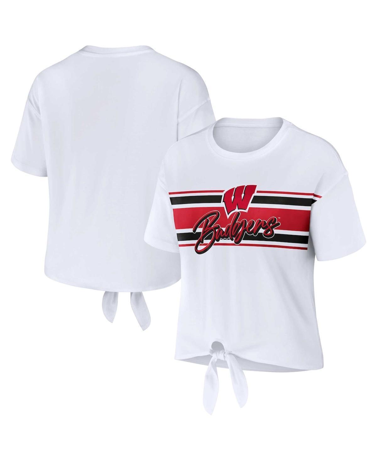 Womens WEAR by Erin Andrews Wisconsin Badgers Striped Front Knot Cropped T-Shirt Product Image