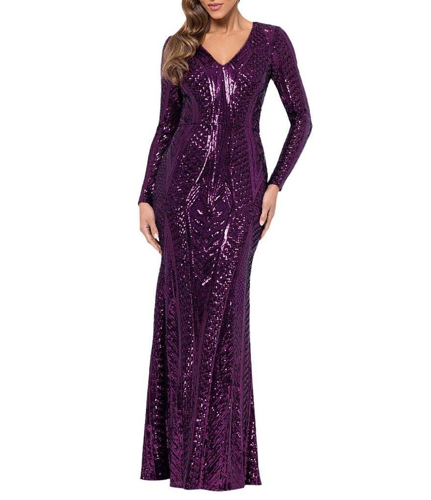 Xscape Sequin V-Neck Long Sleeve Sheath Gown Product Image