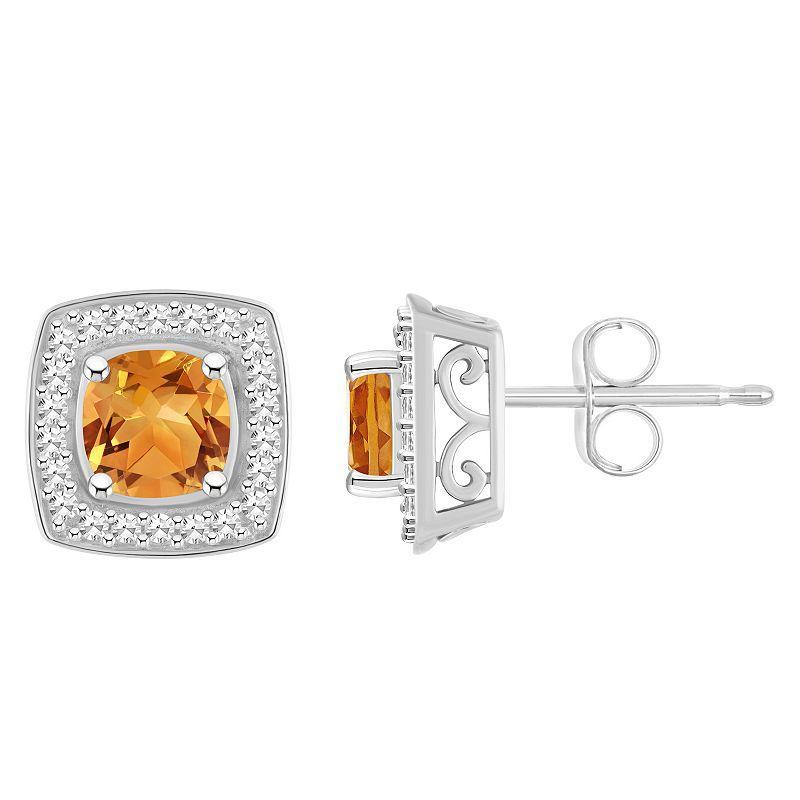 Celebration Gems Sterling Silver Cushion Gemstone & 1/5 Carat T.W. Diamond Halo Stud Earrings, Womens, Orange Product Image