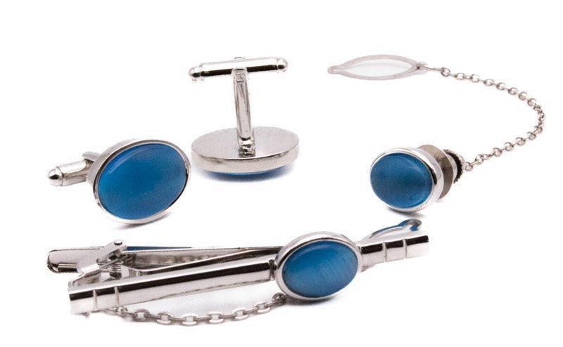 Blue Sliver Oval Men's Accessory Box Cuff Links, Tie Clip, Tie Pin 4 Piece Set Product Image