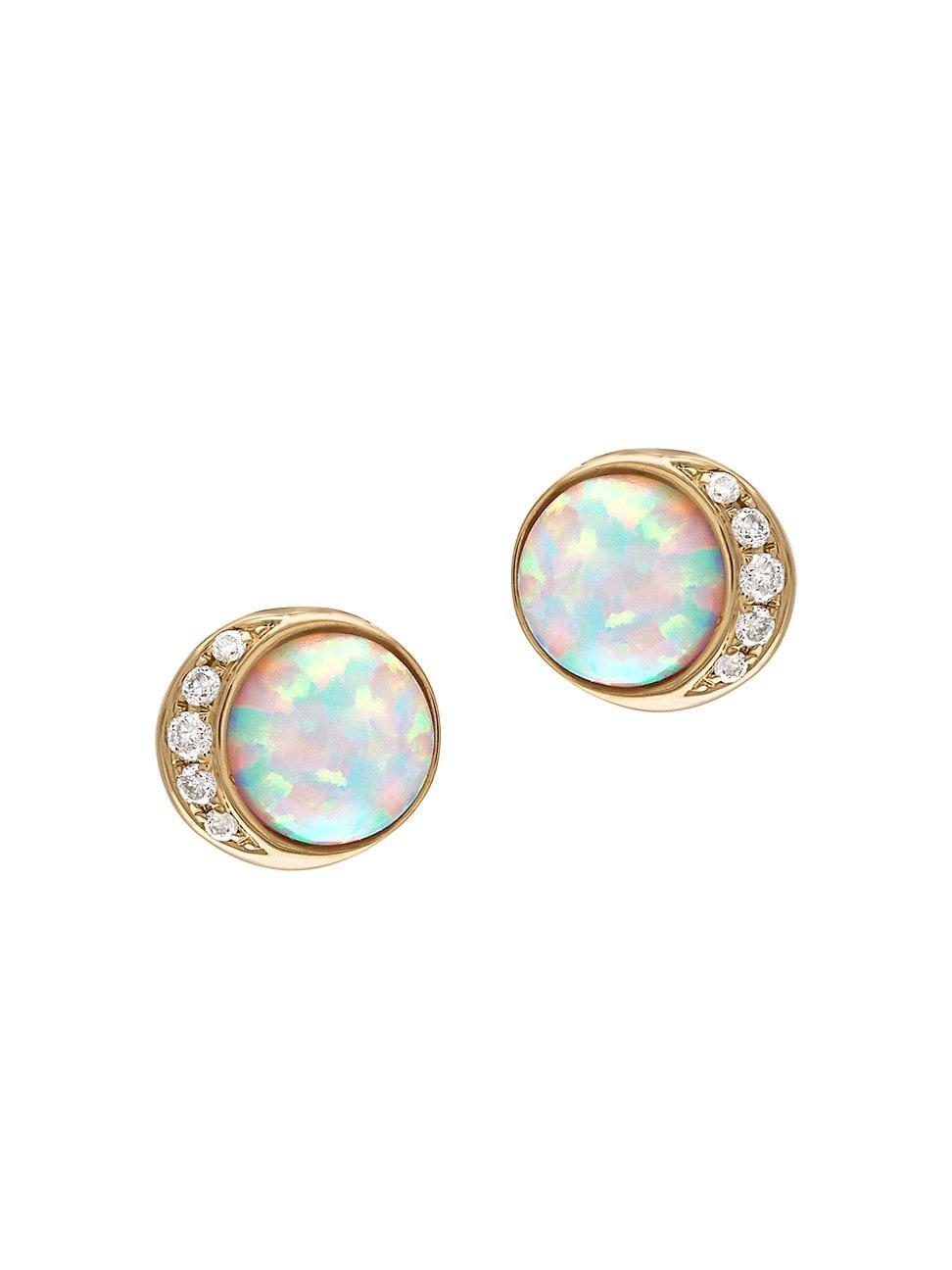 Womens Large Moonrise 14K Yellow Gold, Opal & 0.05 TCW Diamond Stud Earrings Product Image