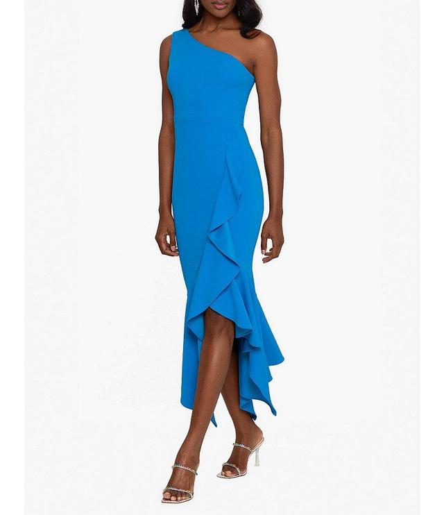 Xscape One Shoulder Sleeveless Stretch Crepe Ruffle Asymmetrical Hemline High Product Image