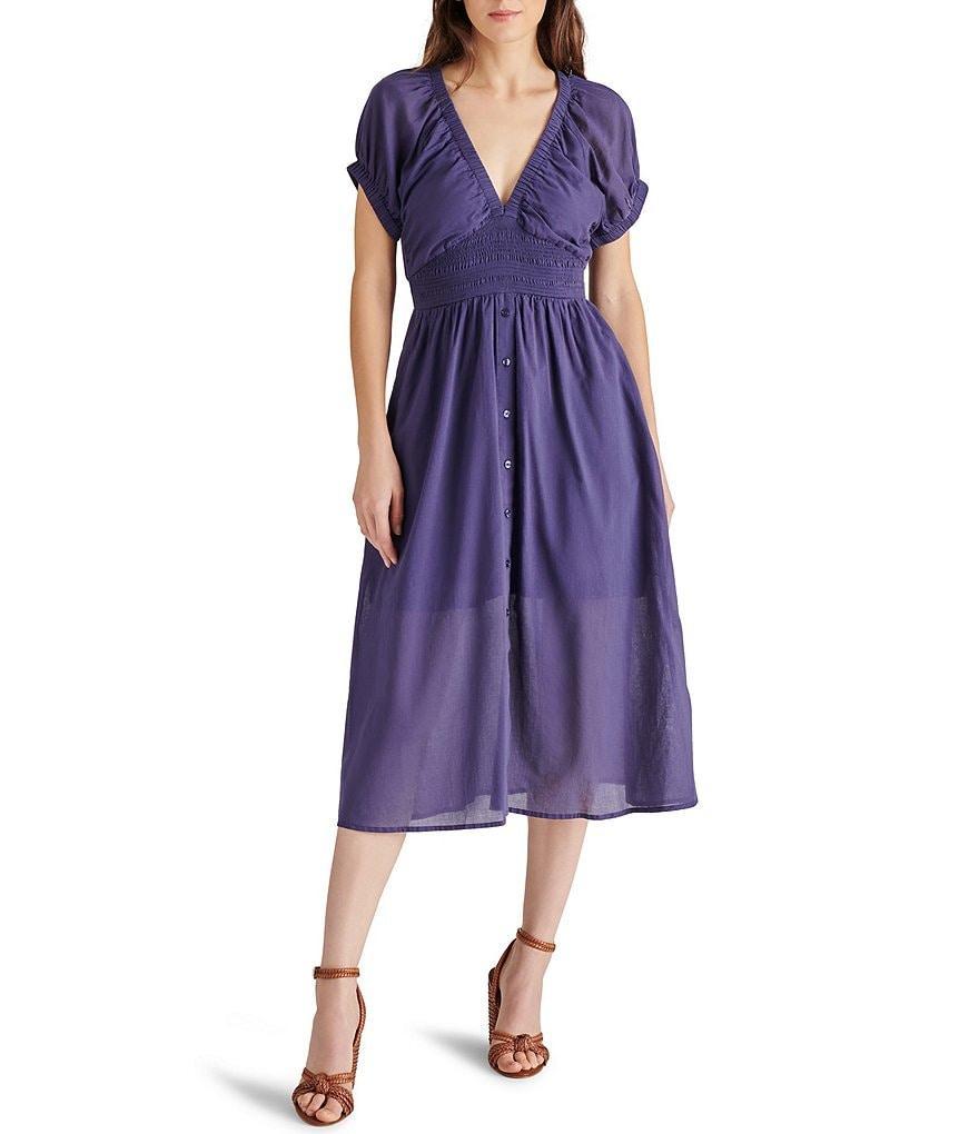 Steve Madden Tahlia V-Neck Smocked Waist Short Puff Sleeve Button Front Midi A-Line Dress Product Image