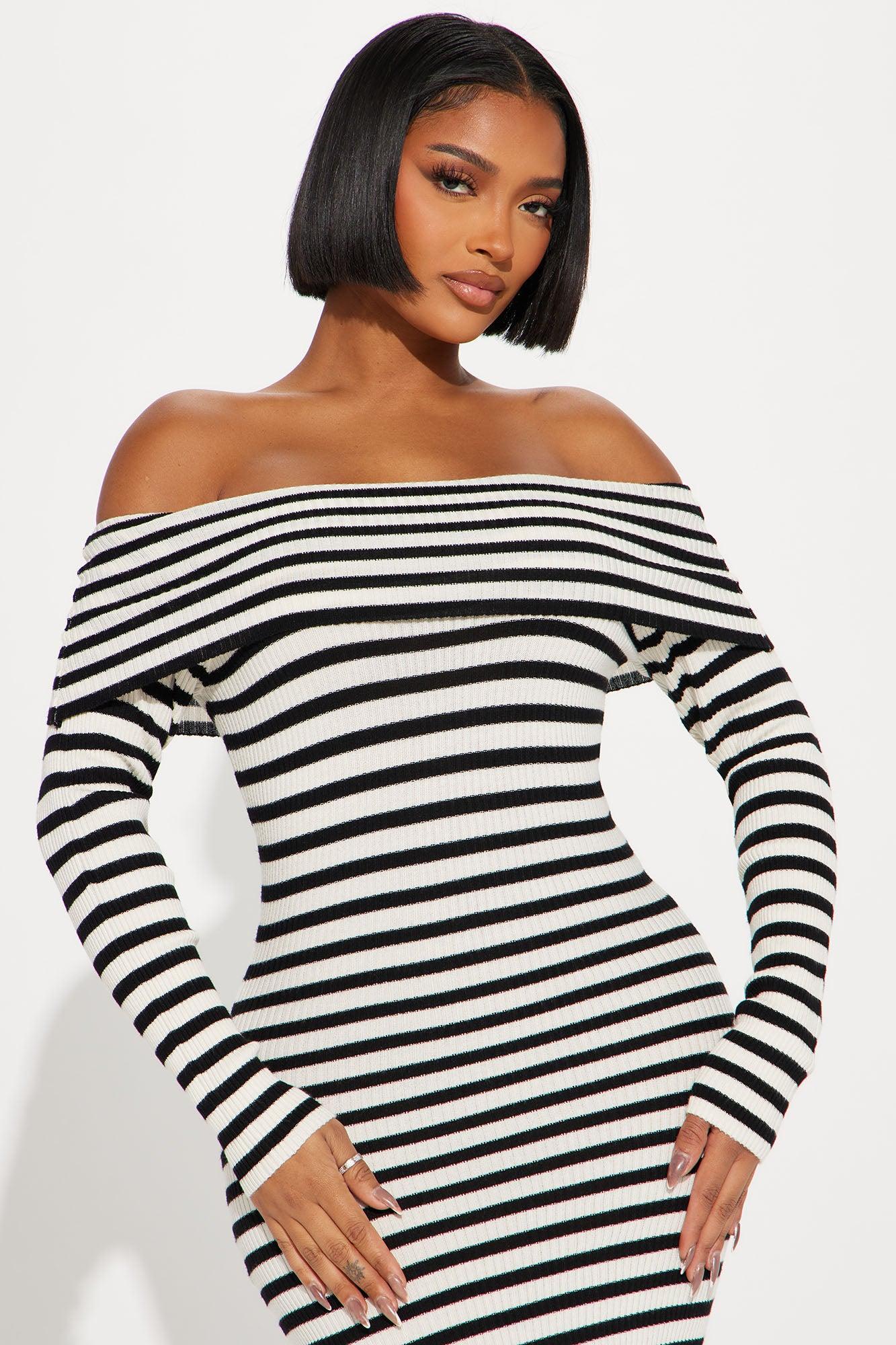 Maya Off Shoulder Midi Dress - Black/White Product Image