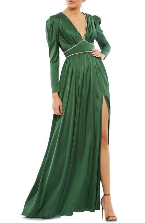 Mac Duggal Crystal Detail Satin Empire Waist Long Sleeve Gown Product Image