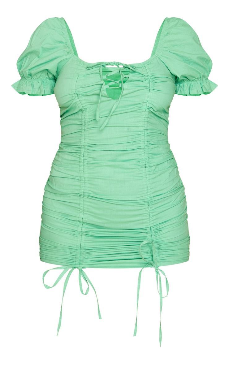 Green Lace Up Ruched Puff Sleeve Bodycon Dress Product Image