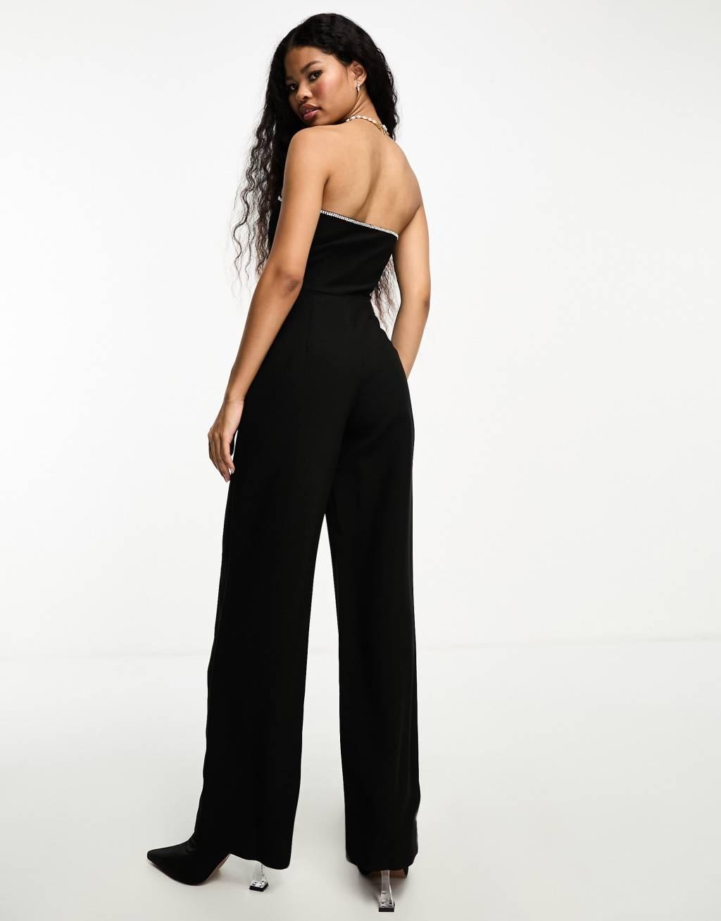 4th & Reckless Petite exclusive diamante trim sweetheart neckline flared jumpsuit in black Product Image