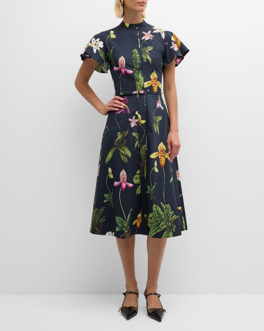 Orchid Print Fit-Flare Midi Poplin Dress Product Image