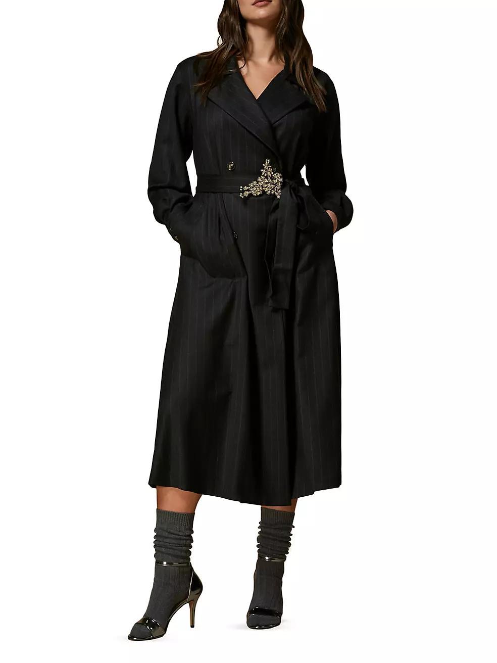 Detroit Pinstripe Virgin Wool-Blend Belted Coat Product Image