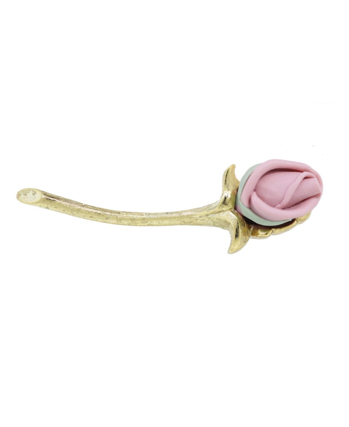 1928 Gold Tone Pink Long Stem Porcelain Rose Pin, Womens Product Image