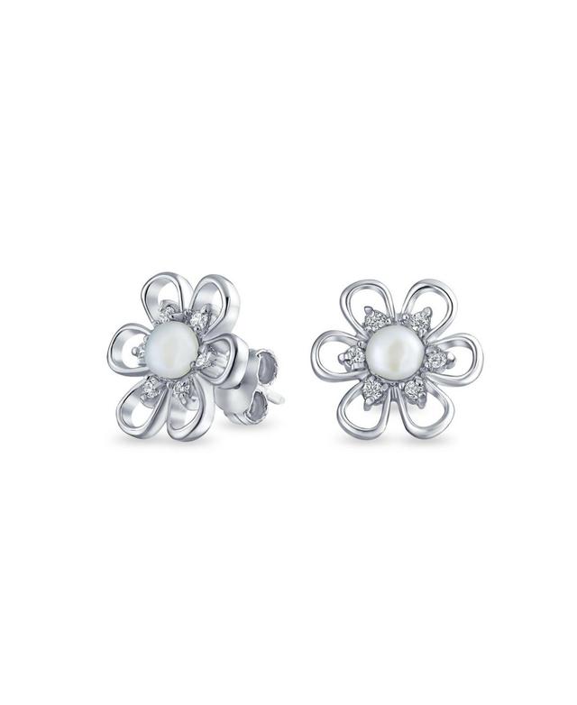 Bling Jewelry White Freshwater Cultured Pearl Open Daisy Flower Cz Stud Earrings For Women For Sterling Silver Product Image