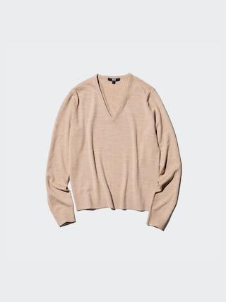 Womens Merino V-Neck Sweater Beige Large UNIQLO US Product Image