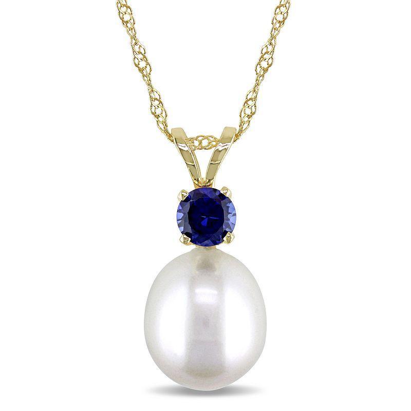 Stella Grace 14k Gold Freshwater Cultured Pearl and Sapphire Pendant Necklace, Womens White Product Image