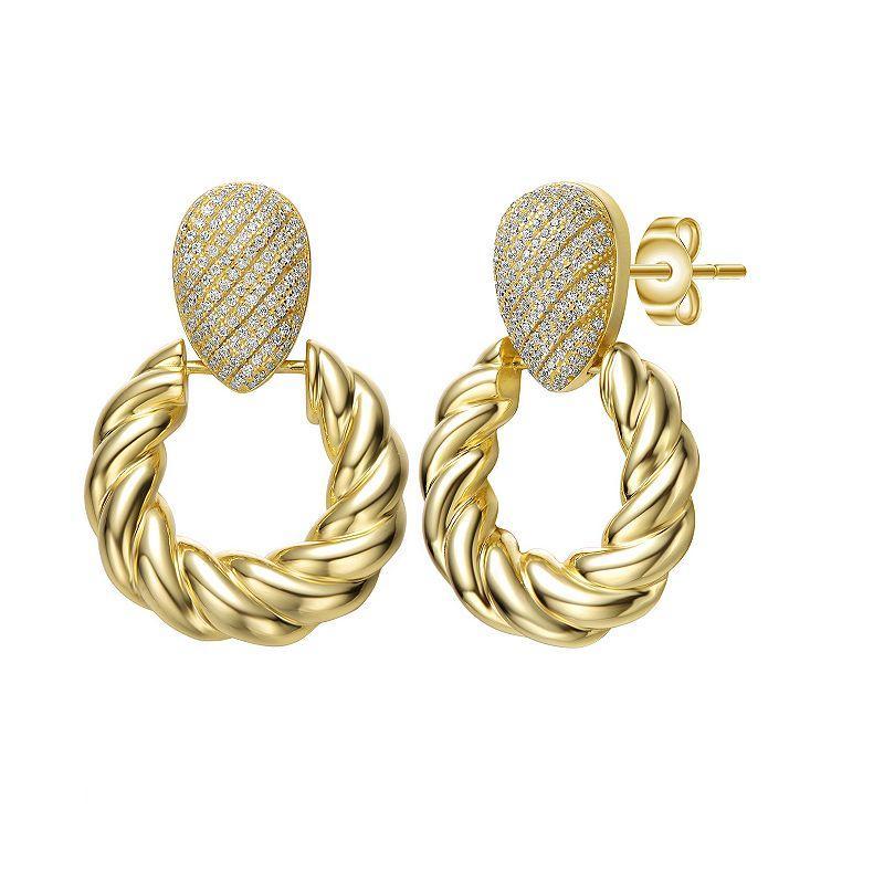 14k Yellow Gold Plated Cubic Zirconia Pave Twisted Rope Doorknocker Drop Earrings, Womens, Gold Tone Product Image