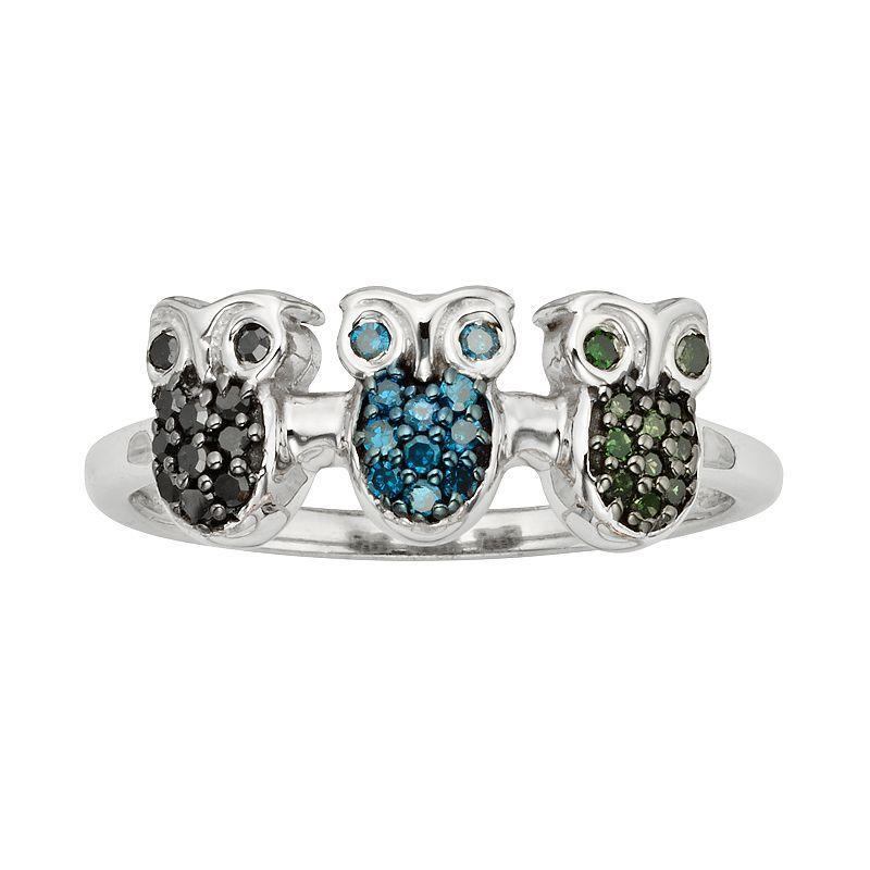 Jewelexcess Sterling Silver 1/4-ct. T.W. Green, Blue and Black Diamond Owl Ring, Womens Multicolor Product Image