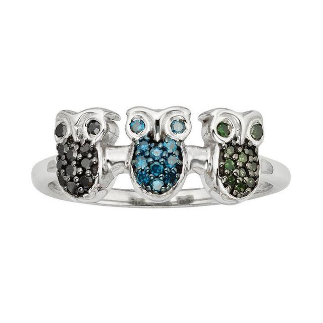 Jewelexcess Sterling Silver 1/4-ct. T.W. Green, Blue and Black Diamond Owl Ring, Womens Multi None Product Image