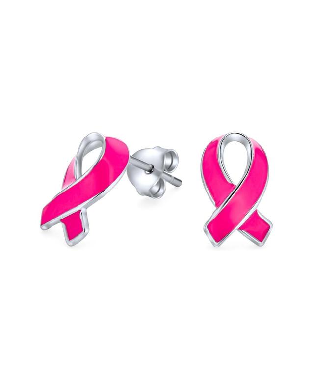 Bling Jewelry Breast Cancer Awareness Pink Ribbon Support Enamel Stud Earrings For Women .925 Sterling Silver Product Image