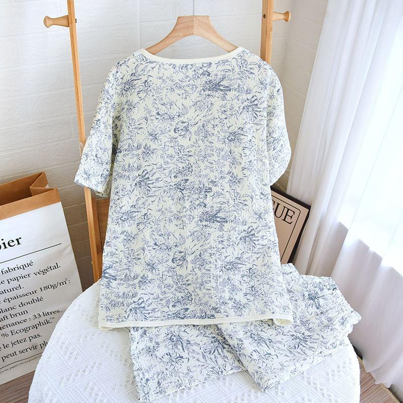 Pajama Set: Short-Sleeve V-Neck Floral Lace Trim Shirt + Pants Product Image