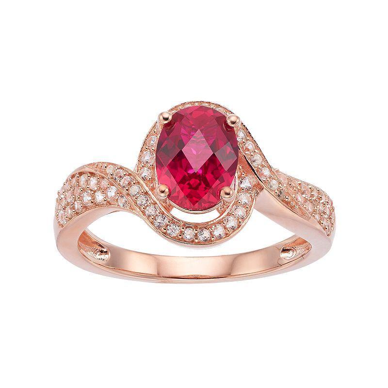 14k Rose Gold Over Silver Lab-Created Ruby & White Sapphire Halo Ring, Womens Pink Tone Product Image