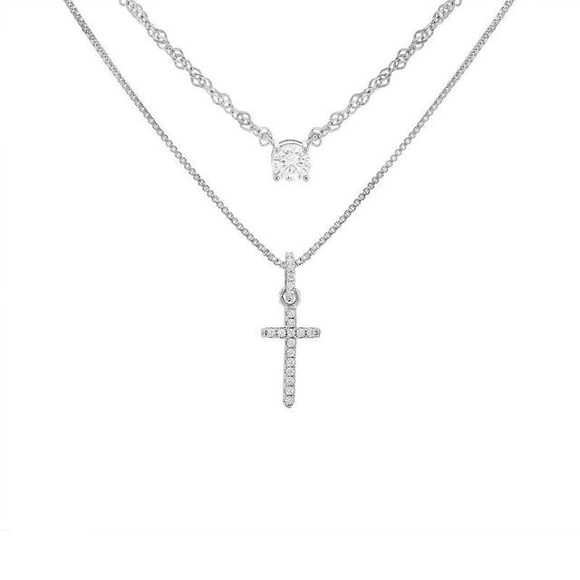 PRIMROSE Fine Silver Plated Round Cubic Zirconia Cross Double Layer Necklace, Womens Silver Tone White Product Image