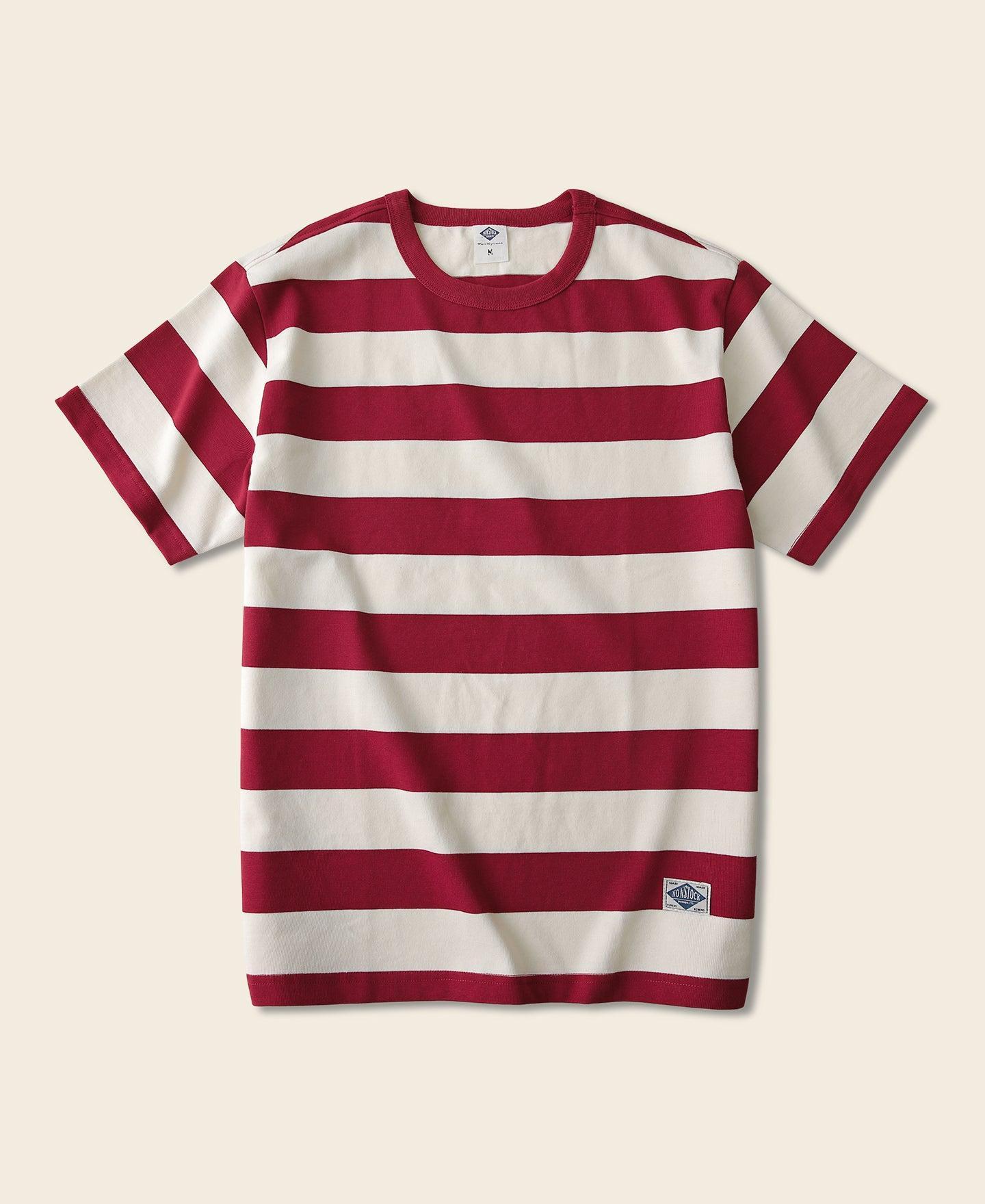 Heavyweight Cotton Wide Striped T-Shirt - Red/Apricot Product Image