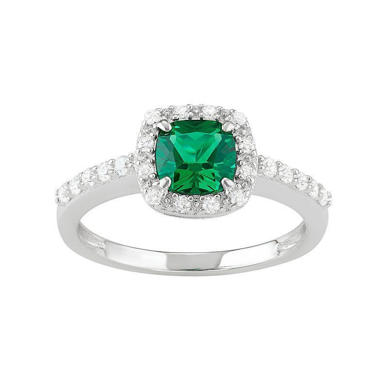 Sterling Silver Lab-Created Green Spinel & Cubic Zirconia Halo Ring, Womens Product Image