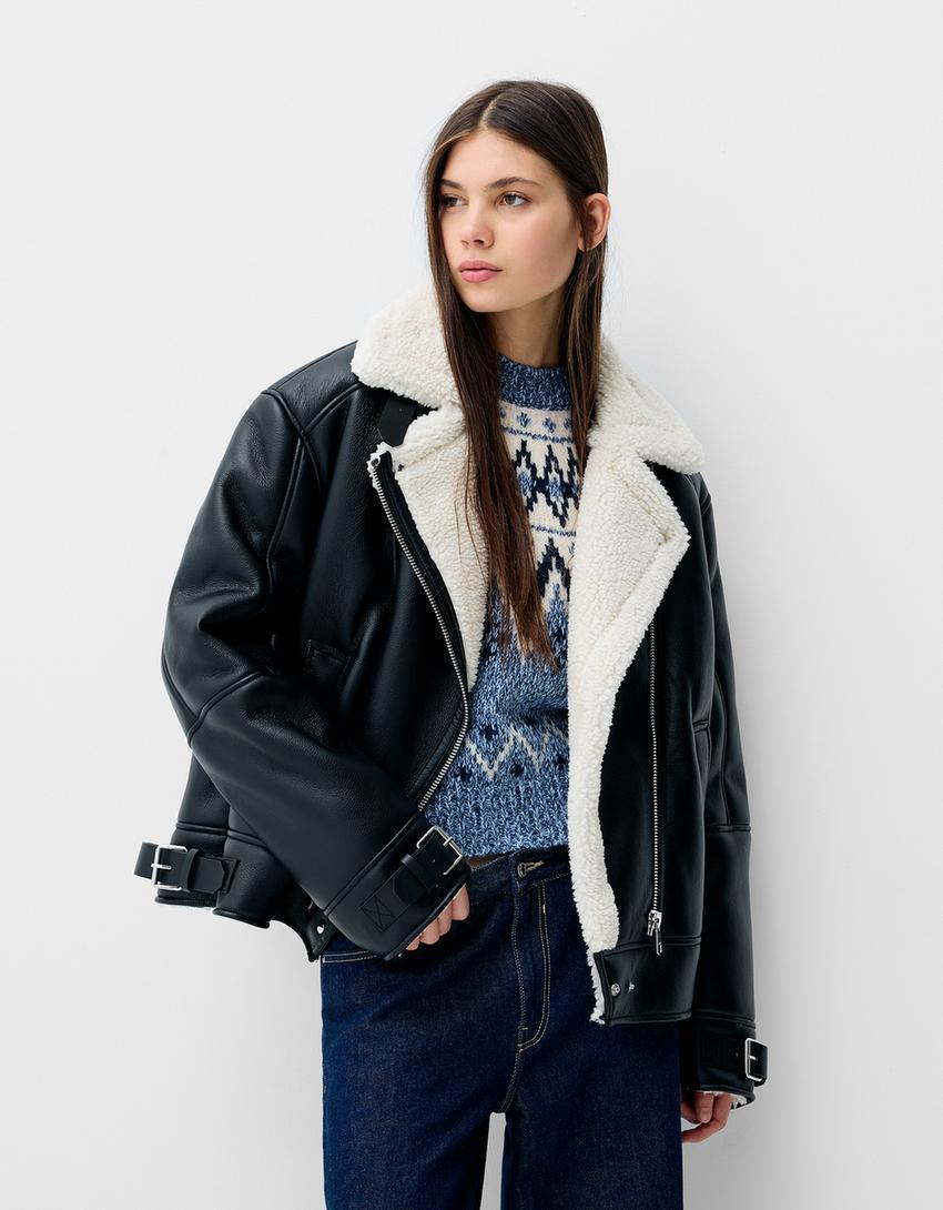 Faux shearling biker jacket product image