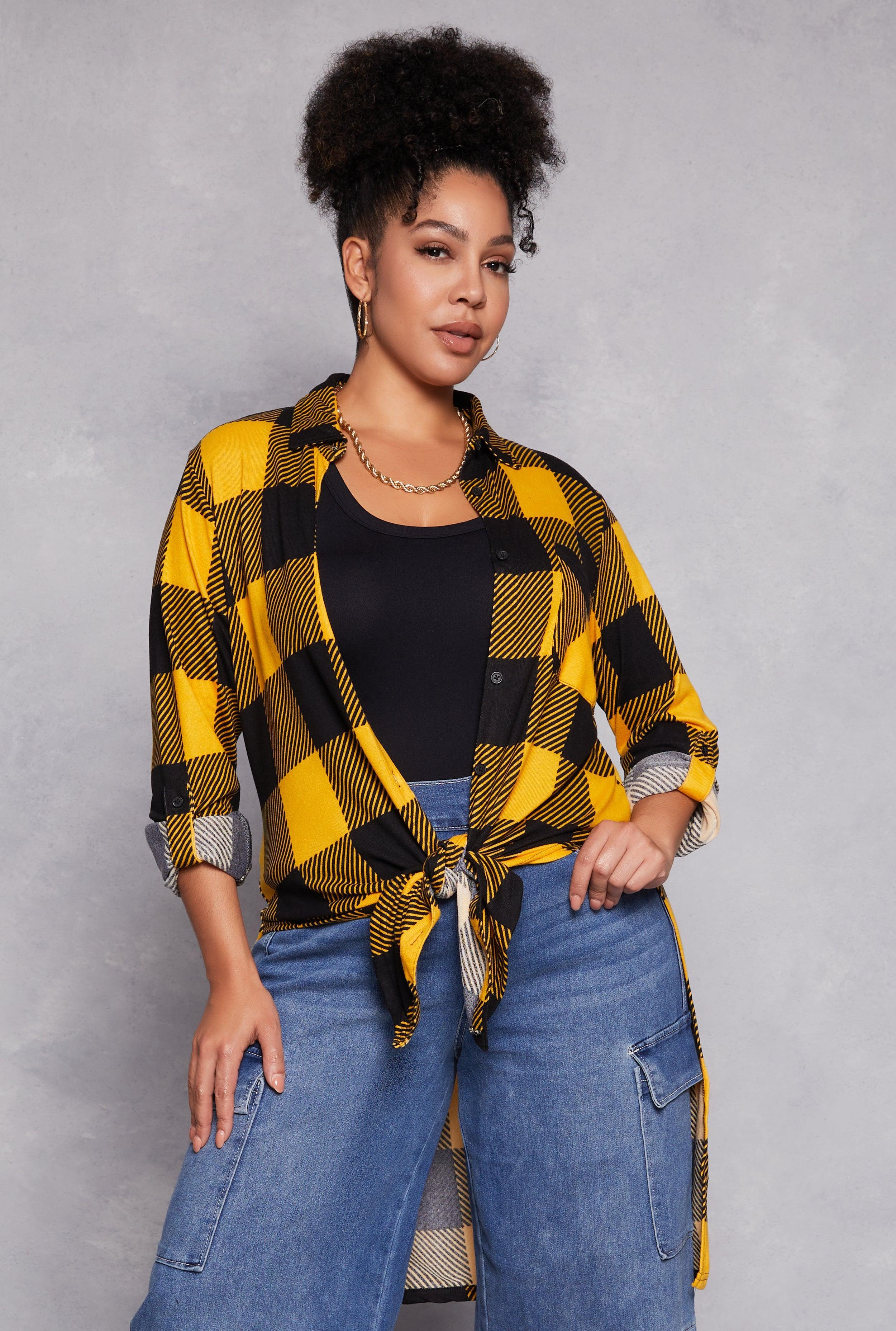 Womens Plus Size Plaid Tie Front High Low Top Product Image