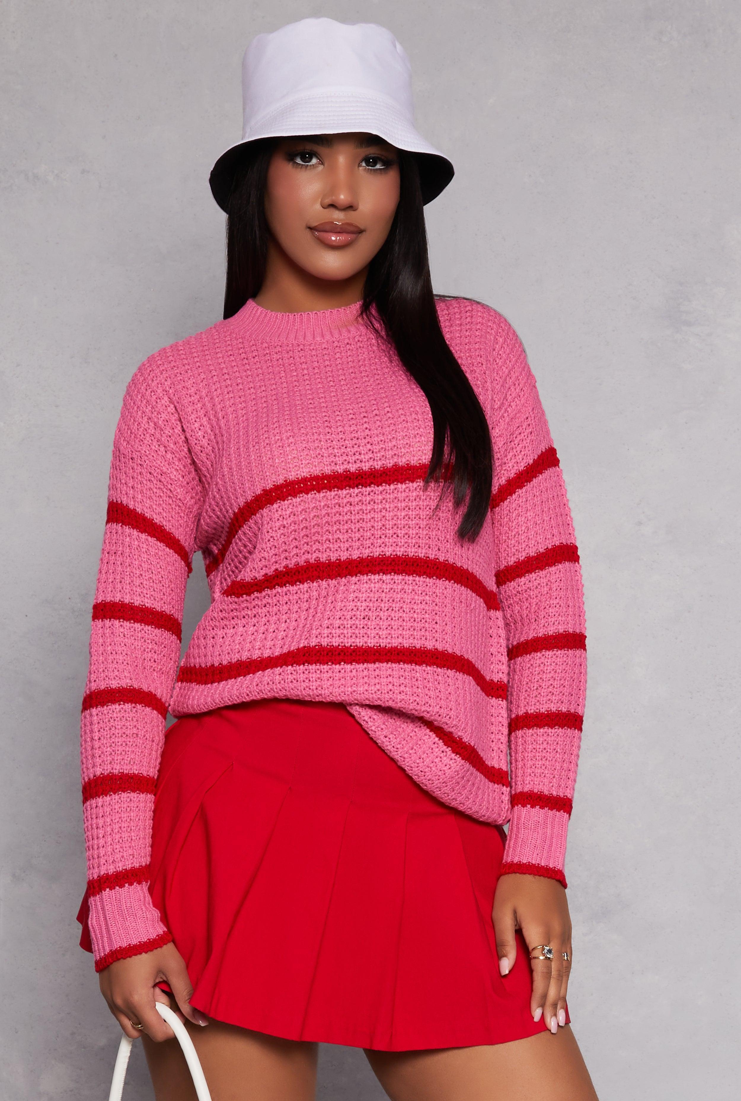 Womens Knit Striped Crew Neck Pullover Sweater Product Image