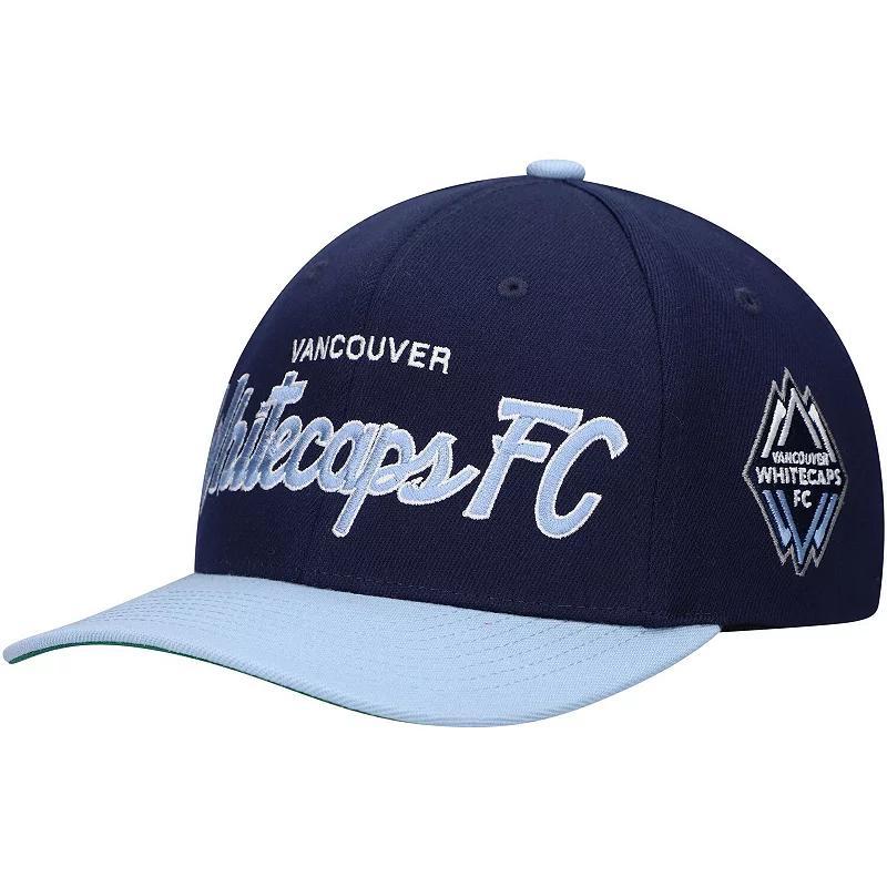 Mens Mitchell & Ness Deep Sea Blue Vancouver Whitecaps FC Team Script 2.0 Stretch Snapback Hat Product Image