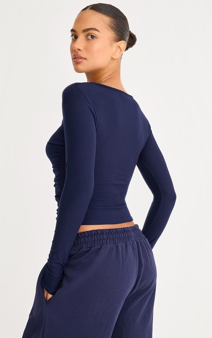 Navy Soft Touch Ruched Long Sleeve Longline Top Product Image