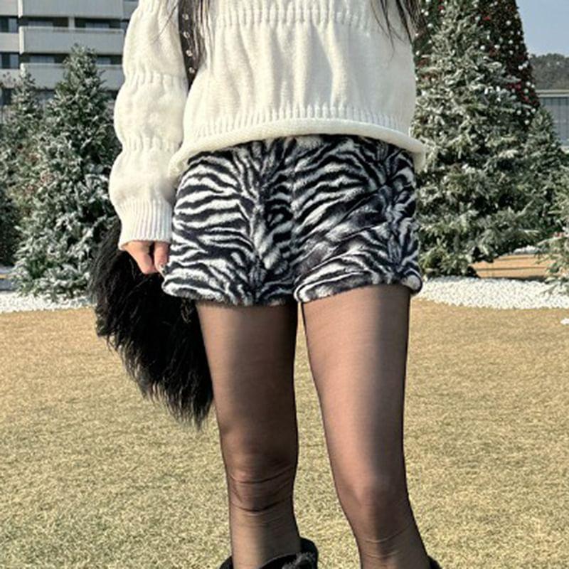 Low Waist Zebra Print Furry Mini Shorts Product Image