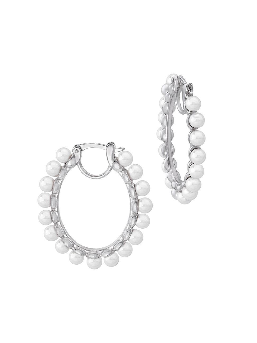 Womens Ada Rhodium-Plated Sterling Silver & 4MM Faux Pearl Hoop Earrings Product Image