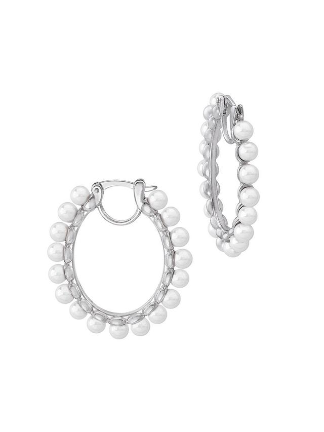 Womens Ada Rhodium-Plated Sterling Silver & 4MM Faux Pearl Hoop Earrings Product Image