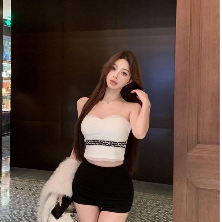 Sweetheart Neckline Embellished Ruched Crop Tube Top Product Image