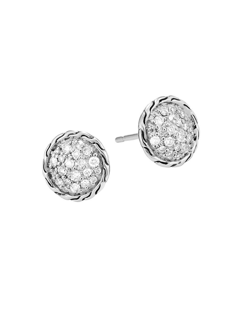 Womens Classic Chain Silver & White Diamond Stud Earrings Product Image