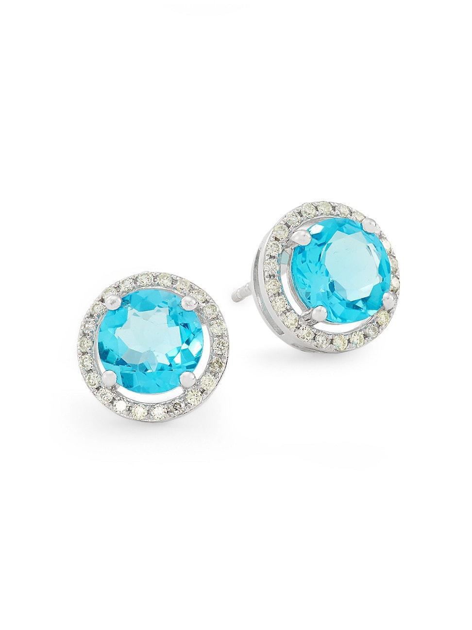 Womens 14K White Gold, Blue Topaz, & 0.23 TCW Diamond Halo Stud Earrings Product Image