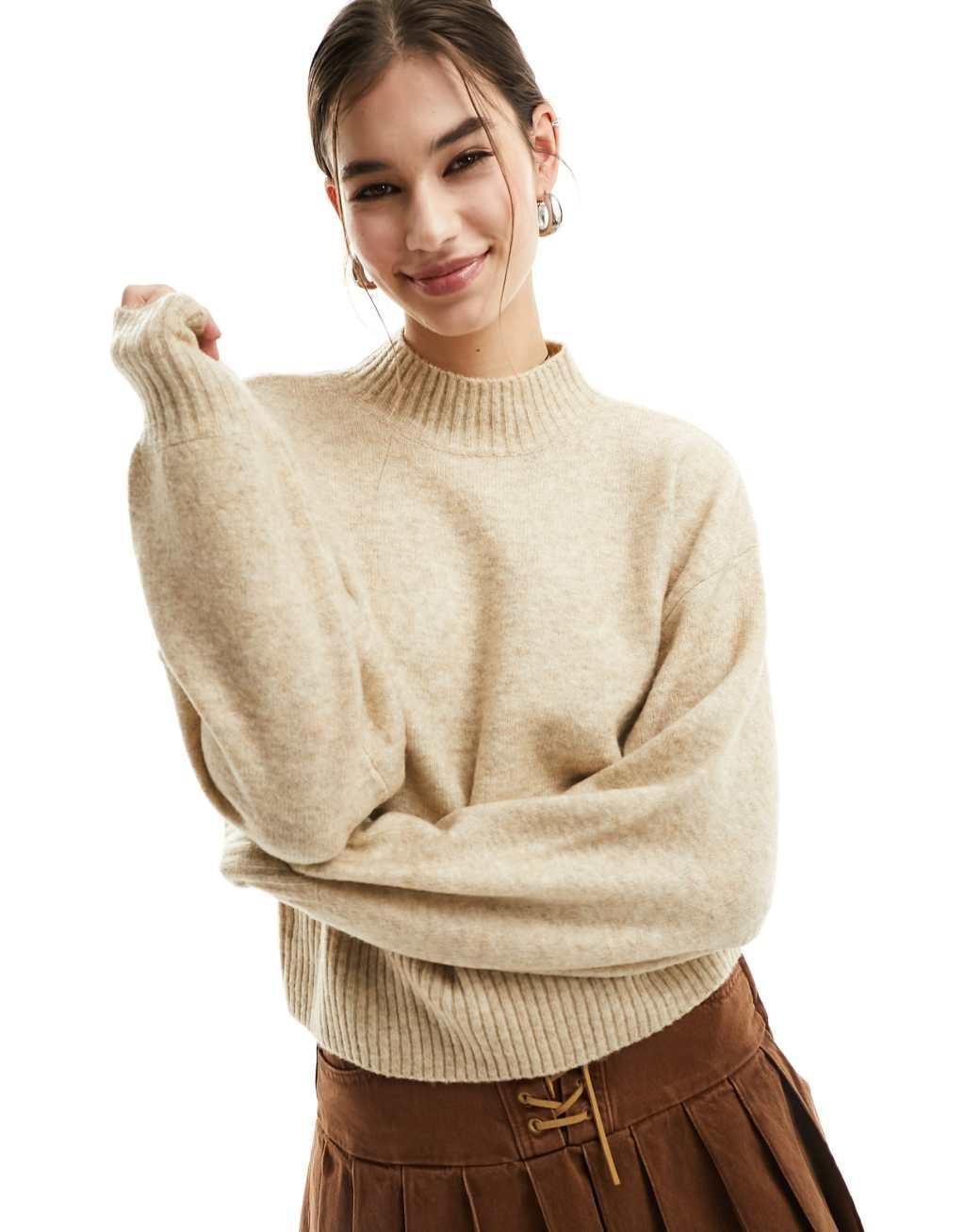 Monki knitted turtleneck sweater in beige Product Image