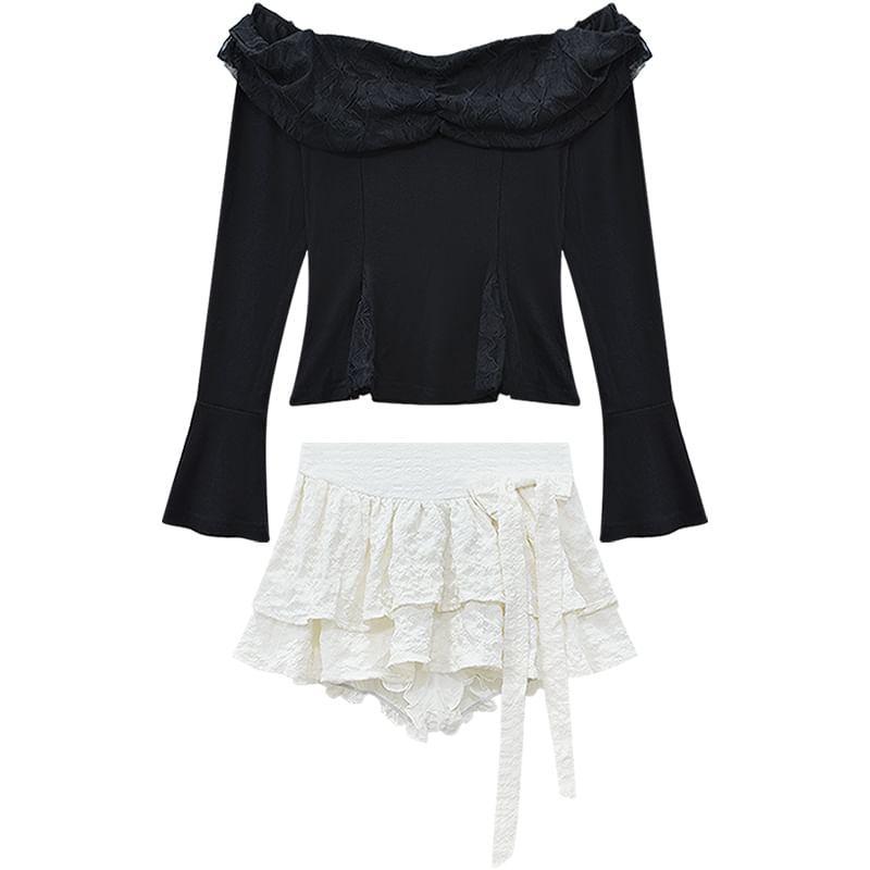 Long-Sleeve Off-Shoulder Plain Lace Trim Tee / High Rise Tiered Mini A-Line Skirt Product Image