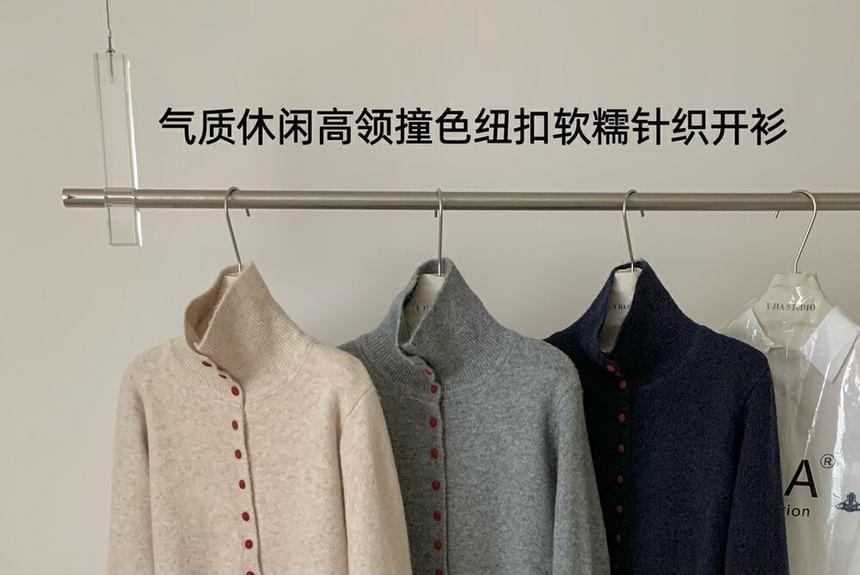 Turtleneck Plain Button-Up Cardigan Product Image