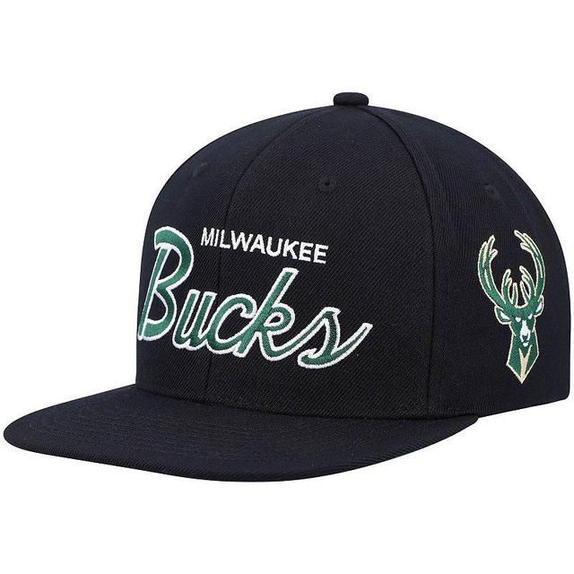 Mens Mitchell & Ness Black Milwaukee Bucks Hardwood Classics Script 2.0 Snapback Hat Product Image