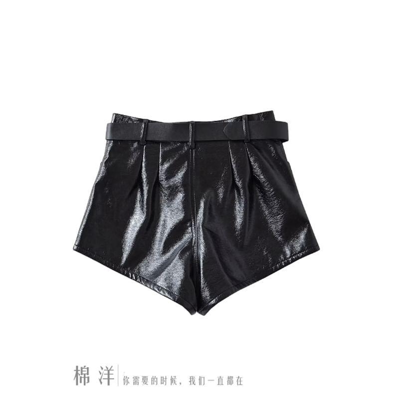 High Waist Plain Faux Leather Shorts Product Image