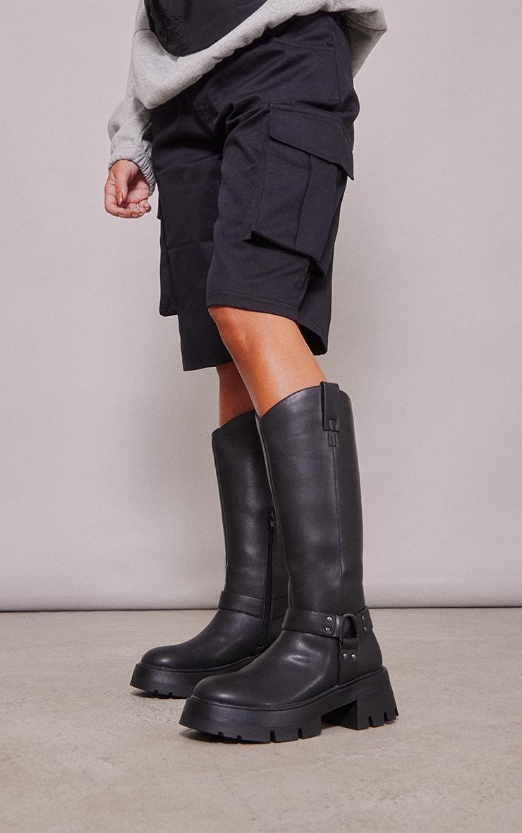 Black Cleated Sole Buckle Ring Detail Mid Calf Boots Product Image