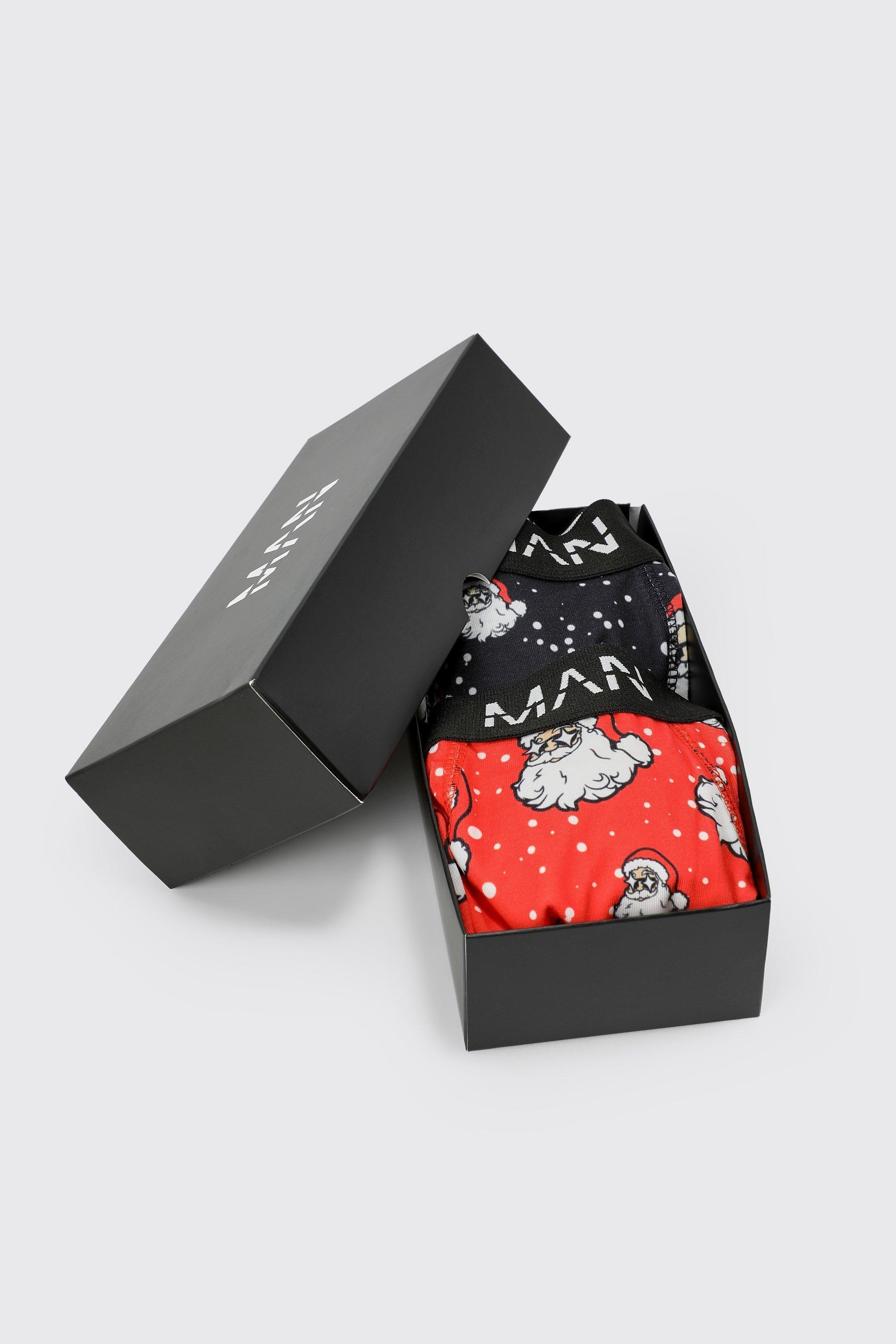 2 Pack Santa Print Boxers In Giftbox | boohooMAN USA Product Image