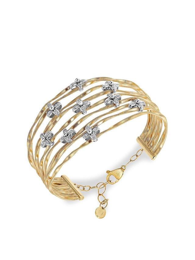 Womens 18K Yellow Gold, 18K White Gold & Diamond Flower Bar Bracelet Product Image