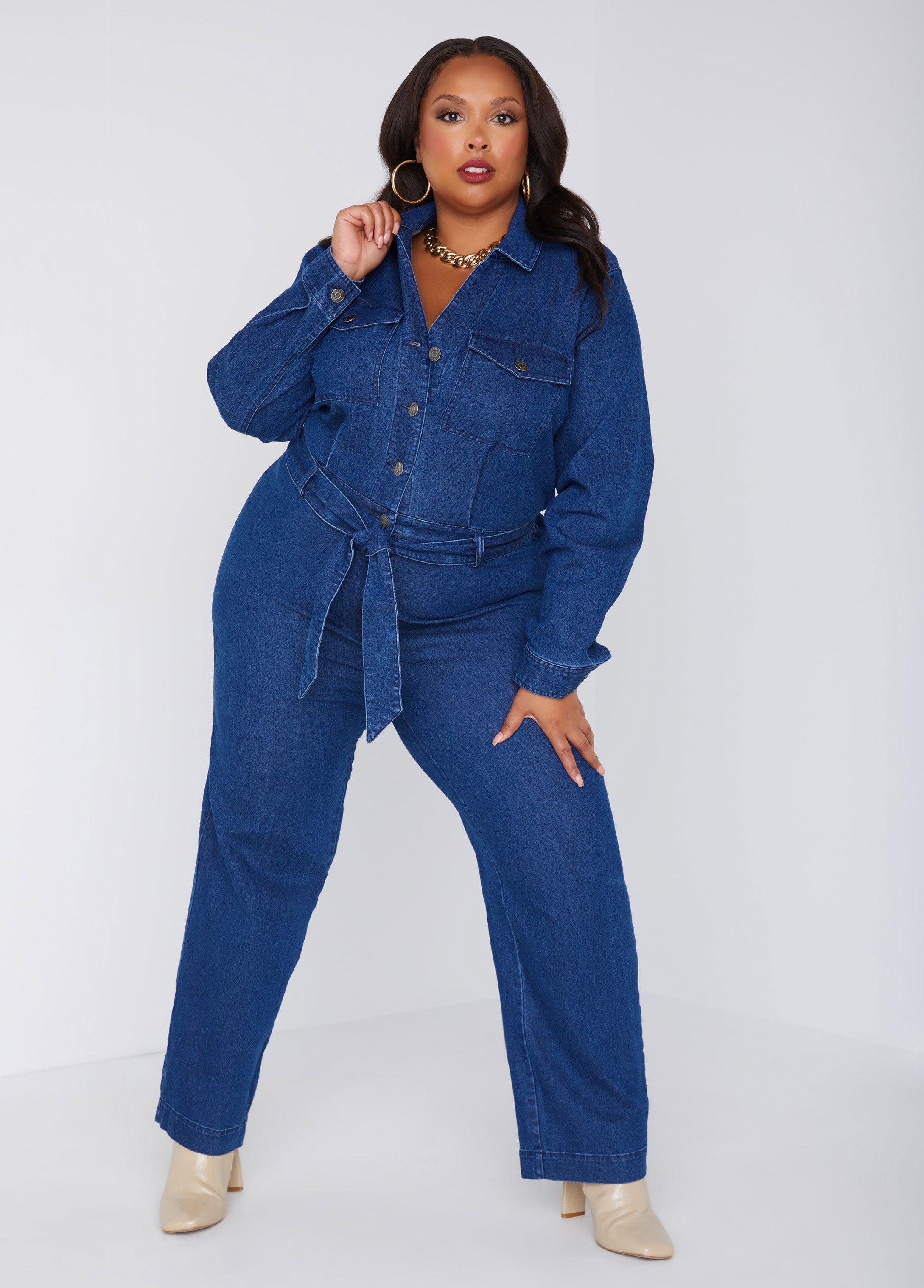 Plus Size Denim Straight Leg Jumpsuit Ashley Stewart Product Image